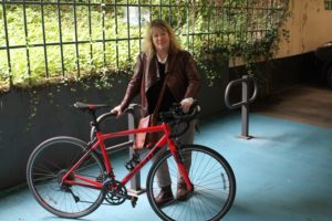 Cllr Jones at the cycle hub in Westmorland Shopping Centre car park